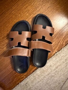 Sandals -Brown Leather Double-Strap Slide